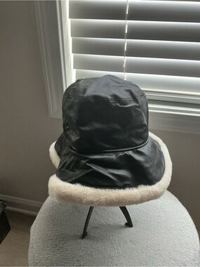 Black Faux Leather Bucket Hat with Cream Faux Fur Trim